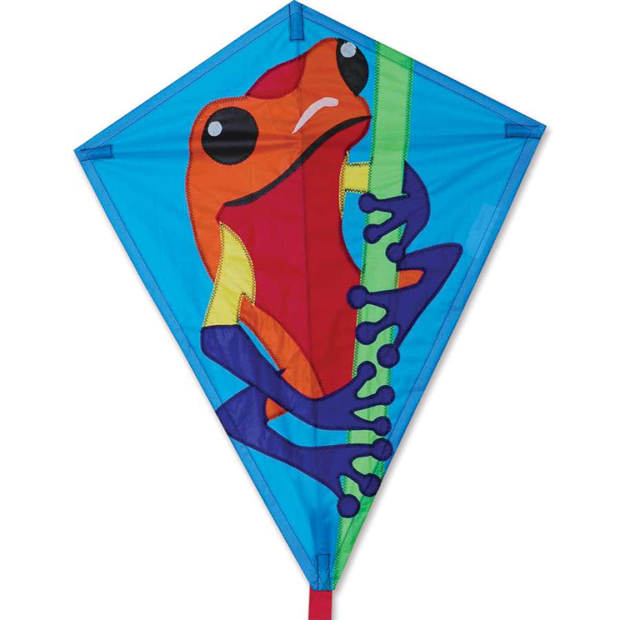 25-Inch Diamond Kite in Poison Dart design soaring against a blue sky, highlighting its vibrant colors and stable flight features.
