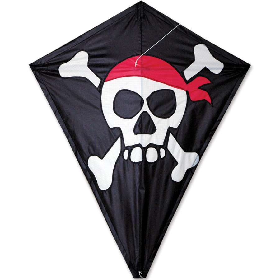 25-inch Diamond Kite in vibrant Skull & Crossbones design, flying against a clear sky, showcasing its ripstop polyester fabric and fiberglass frame.
