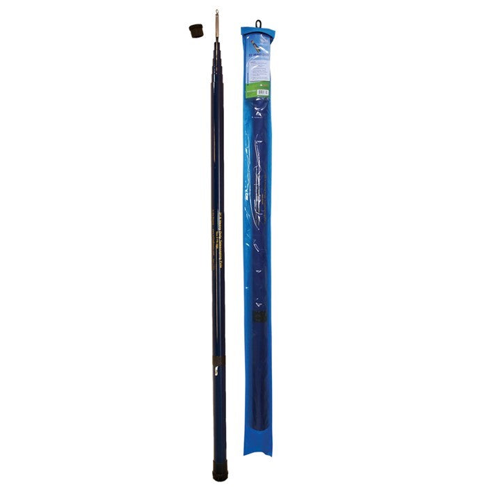 26' Heavy Duty Telescoping Pole for flags, made from reinforced fiberglass, shown extended with a flag flying in the breeze.