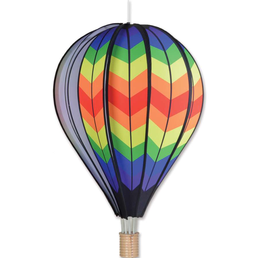 Colorful 26 in. Hot Air Balloon in Double Rainbow Chevron design, spinning gently in a garden, perfect for cheerful home decor.