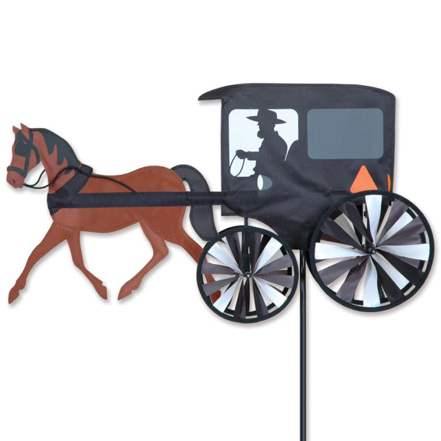 26-inch Horse & Buggy Spinner featuring a beautifully painted horse-drawn buggy, elegantly spinning in the wind in an outdoor garden setting.