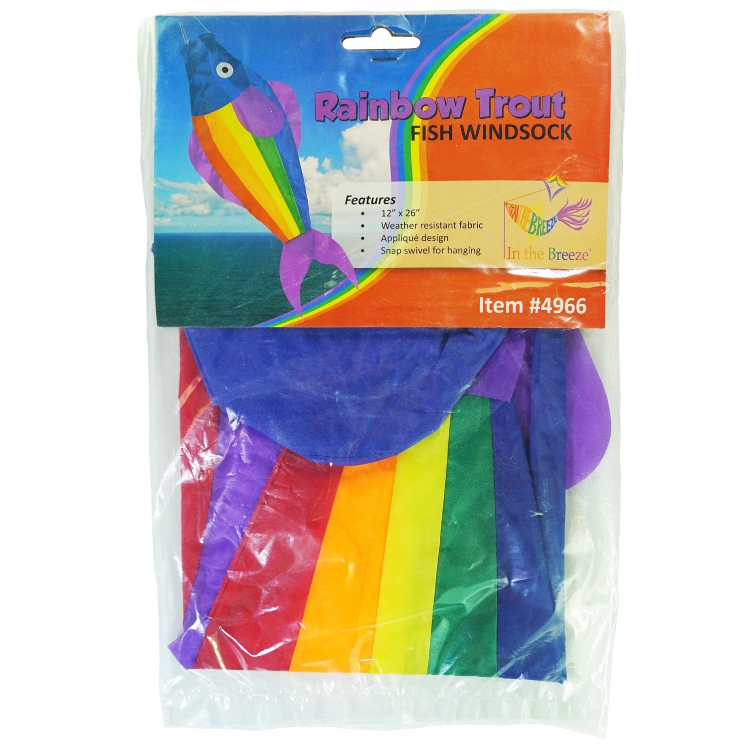 26-inch Rainbow Trout Windsock featuring vibrant rainbow panels, displayed outdoors with a fun 3D effect fluttering in the wind.