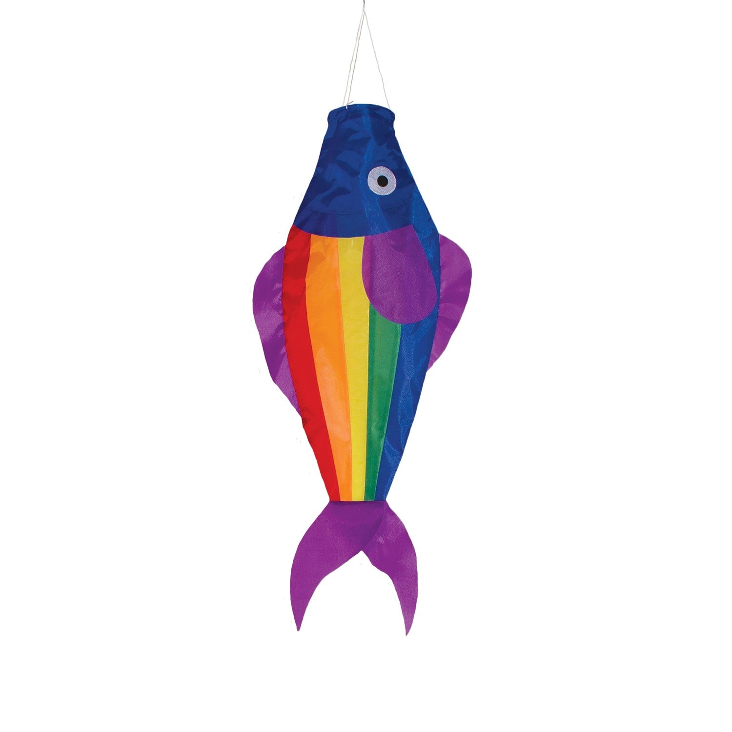 26-inch Rainbow Trout Windsock featuring vibrant rainbow panels, displayed outdoors with a fun 3D effect fluttering in the wind.
