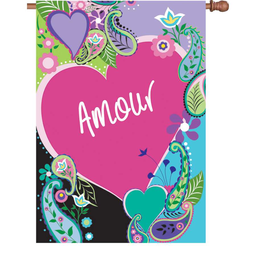 28 in. Amour house flag with vibrant colors and intricate love-themed design displayed in an outdoor garden setting.