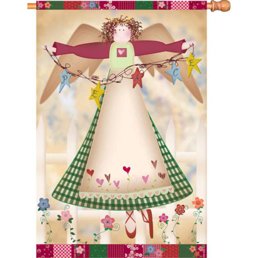 28 in. Angelic Grace flag showcasing a serene angel design, displayed elegantly on a flagpole in a winter garden setting.