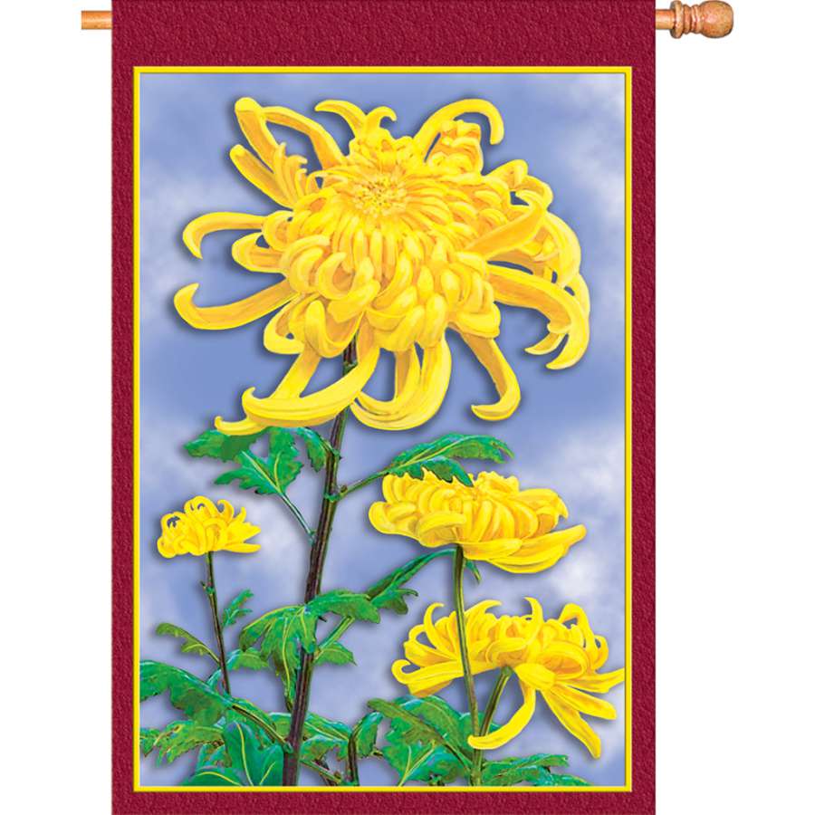 28 in. Autumn Mums flag featuring vibrant seasonal flowers displayed on a porch during autumn, showcasing colorful floral designs.