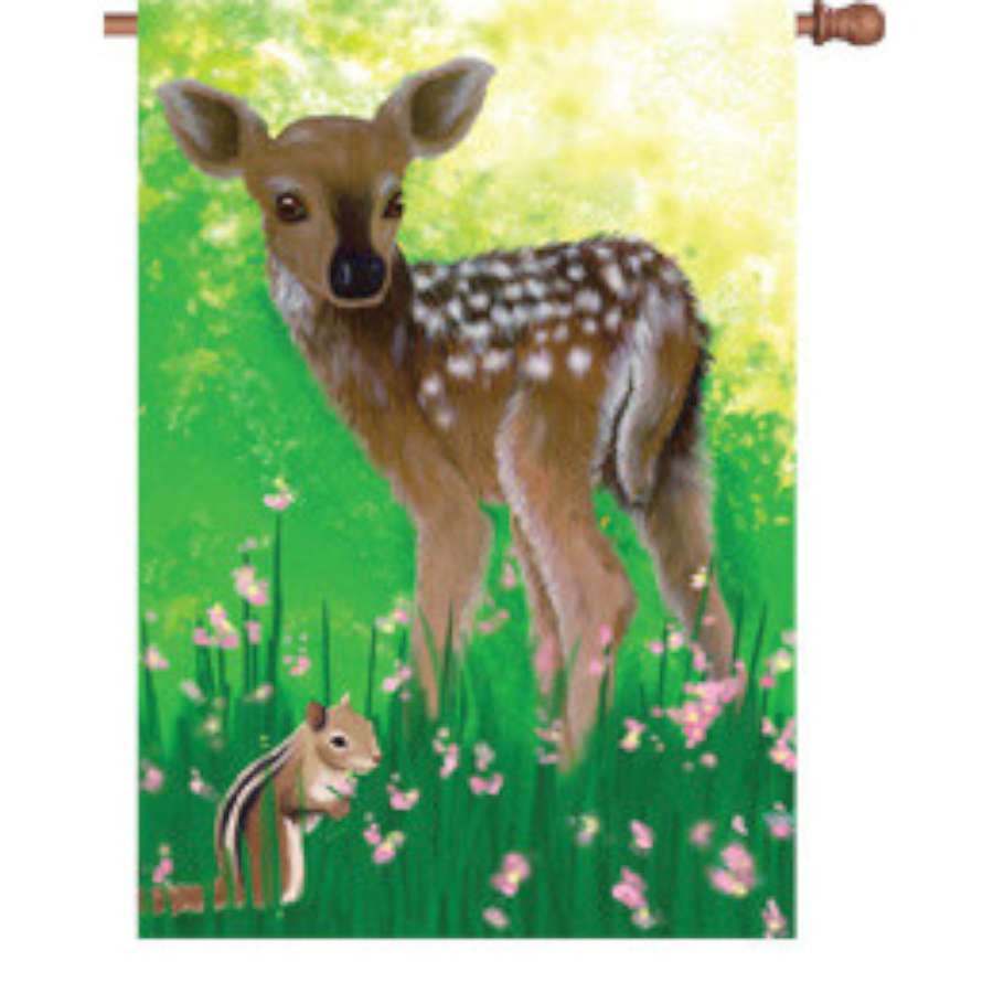 28 in. Babes In Woods illuminated house flag featuring whimsical woodland animals and autumn leaves displayed outdoors in a garden setting.