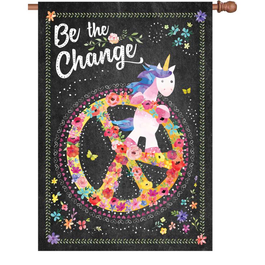 28 in. Be The Change flag made from PremierSoft fabric, displayed outdoors, featuring the motivational text readable on both sides.