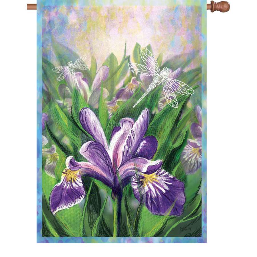28 in. Blue Iris flag with illuminated, vibrant blue iris design displayed on a flagpole in a sunny garden setting.
