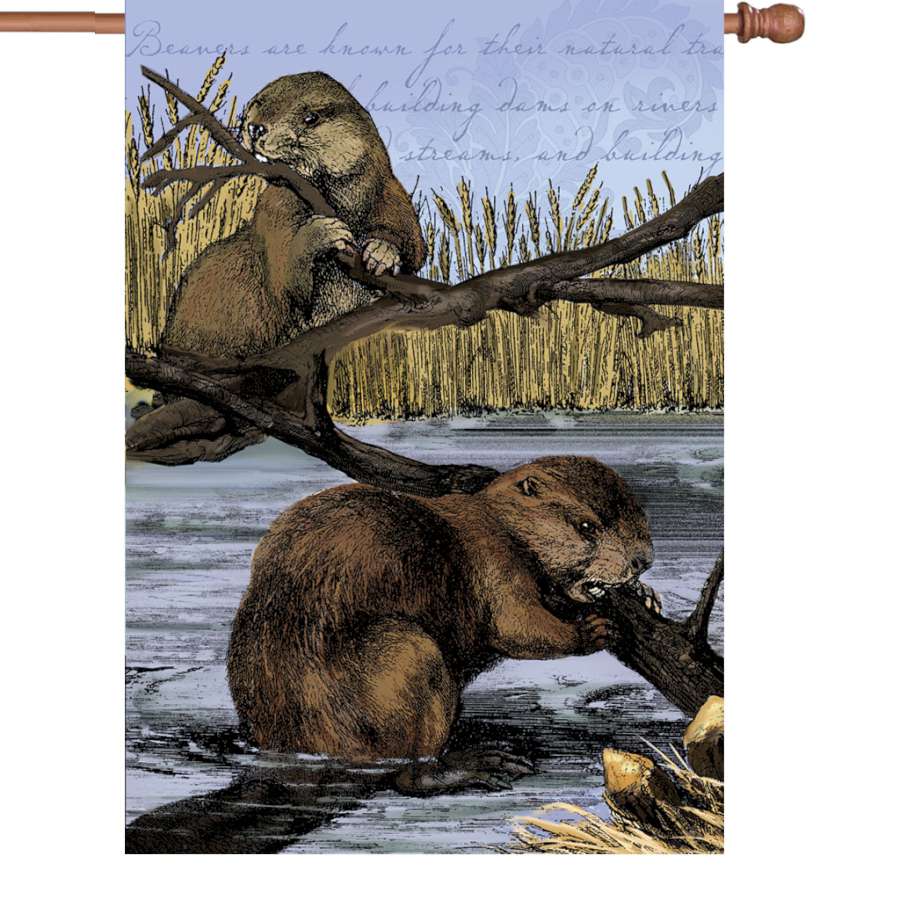 28 in. Busy Beavers flag illuminated at night showcasing whimsical beaver designs surrounded by autumn leaves in a cozy backyard setting.