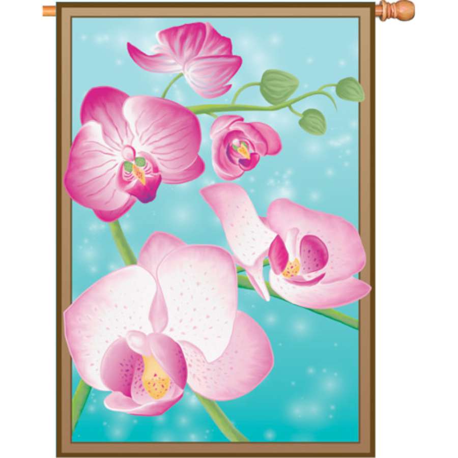 28 in. Butterfly Orchids garden flag displaying vibrant colors and intricate designs in an outdoor garden setting, perfect for spring decoration.