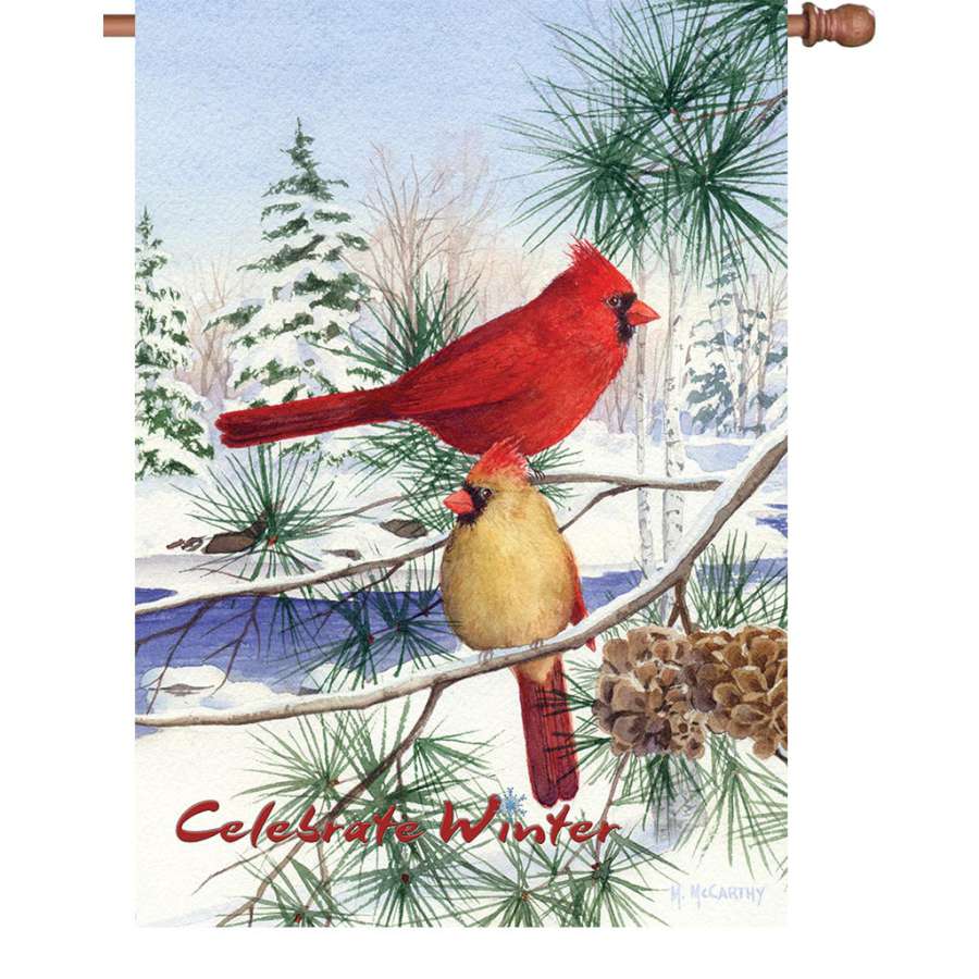 Cedar Farm Cardinals flag beautifully showcases winter birds on velvety PremierSoft fabric, ideal for outdoor seasonal displays and house decorations.
