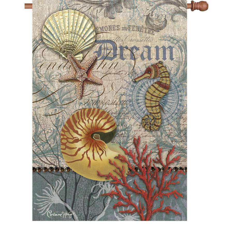 28 in. Coastal Emphemera flag with colorful flower design displayed on a decorative pole in a vibrant garden setting.