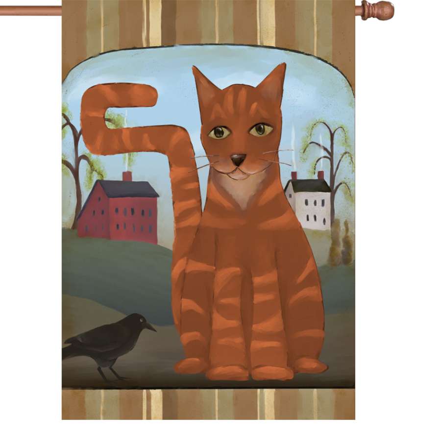 28 in. Country Tabby outdoor flag displayed on a decorative flagpole, showcasing vibrant colors and intricate design in a garden setting.