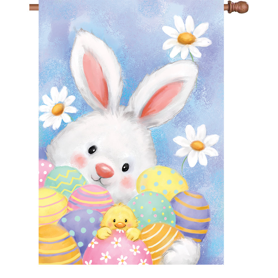 28 in. Easter Friends house flag displaying colorful Easter designs and illuminated features hung on a decorative flag mount outside a house.
