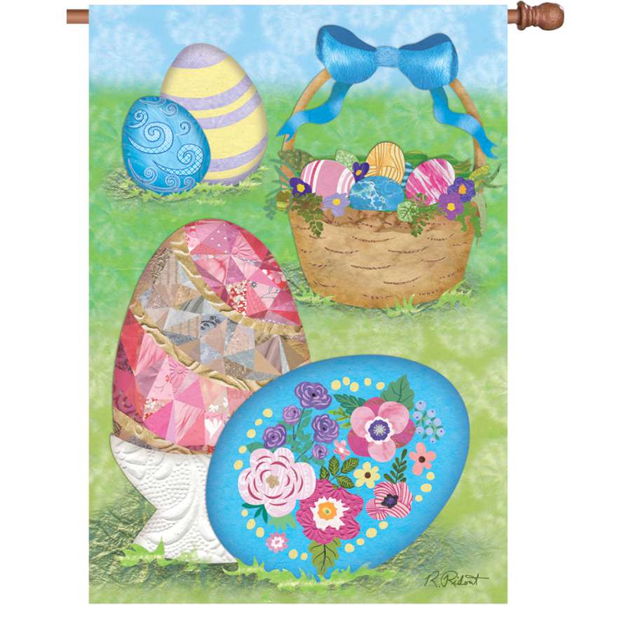28 in. Elegant Easter Eggs Flag featuring colorful Easter egg designs displayed on a decorative flag stand in a bright spring garden setting.
