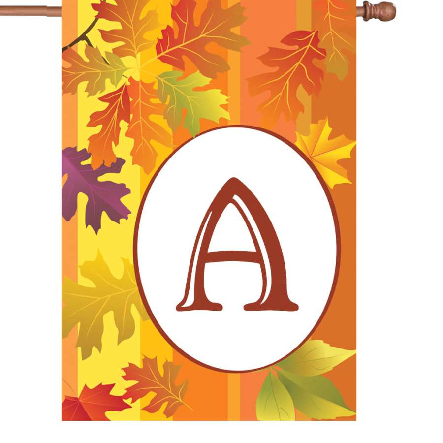 28 in. Fall Monogram Flag - A displayed outdoors, featuring vibrant autumn colors and the letter 'A', designed for seasonal decoration.