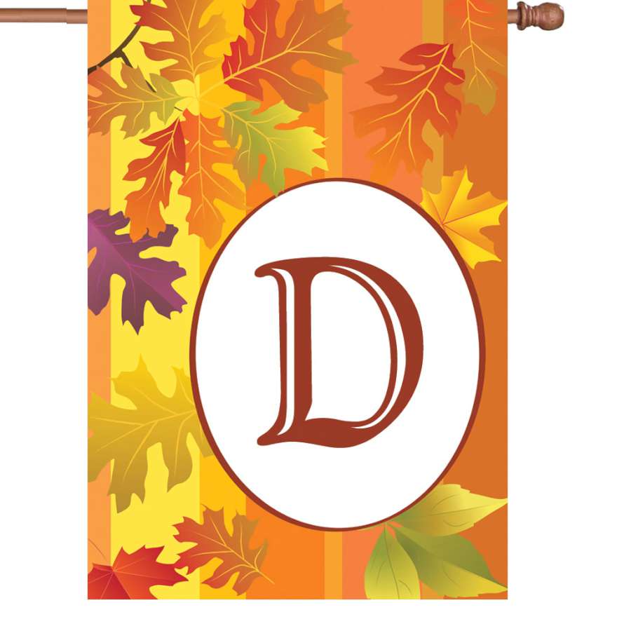 28 in. Fall Monogram Flag - D displayed on a flag pole, featuring a vibrant fall design and monogram in rich autumn colors.