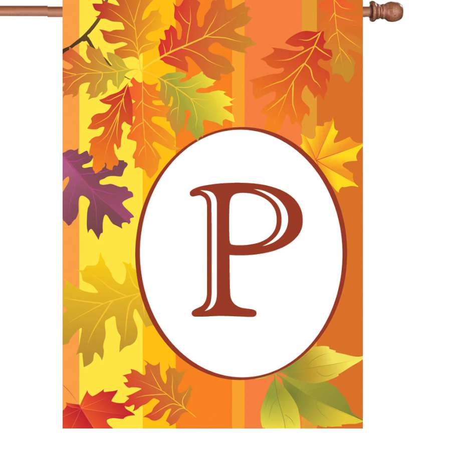 28 in. Fall Monogram Flag - P with personalized letter displayed on a flag stand, showcasing rich autumn colors and a warm design in a garden setting.