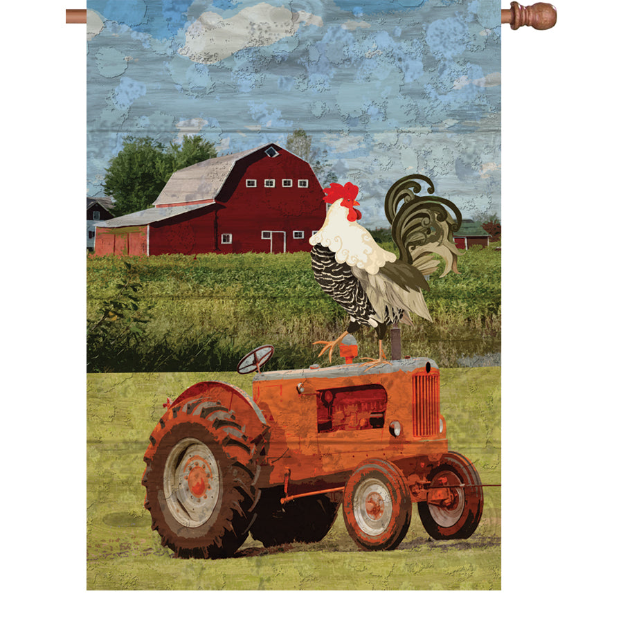 28 in. Farmers Market Rooster flag depicting a colorful rooster design, displayed outdoors in a garden setting, emphasizing its illuminated features.