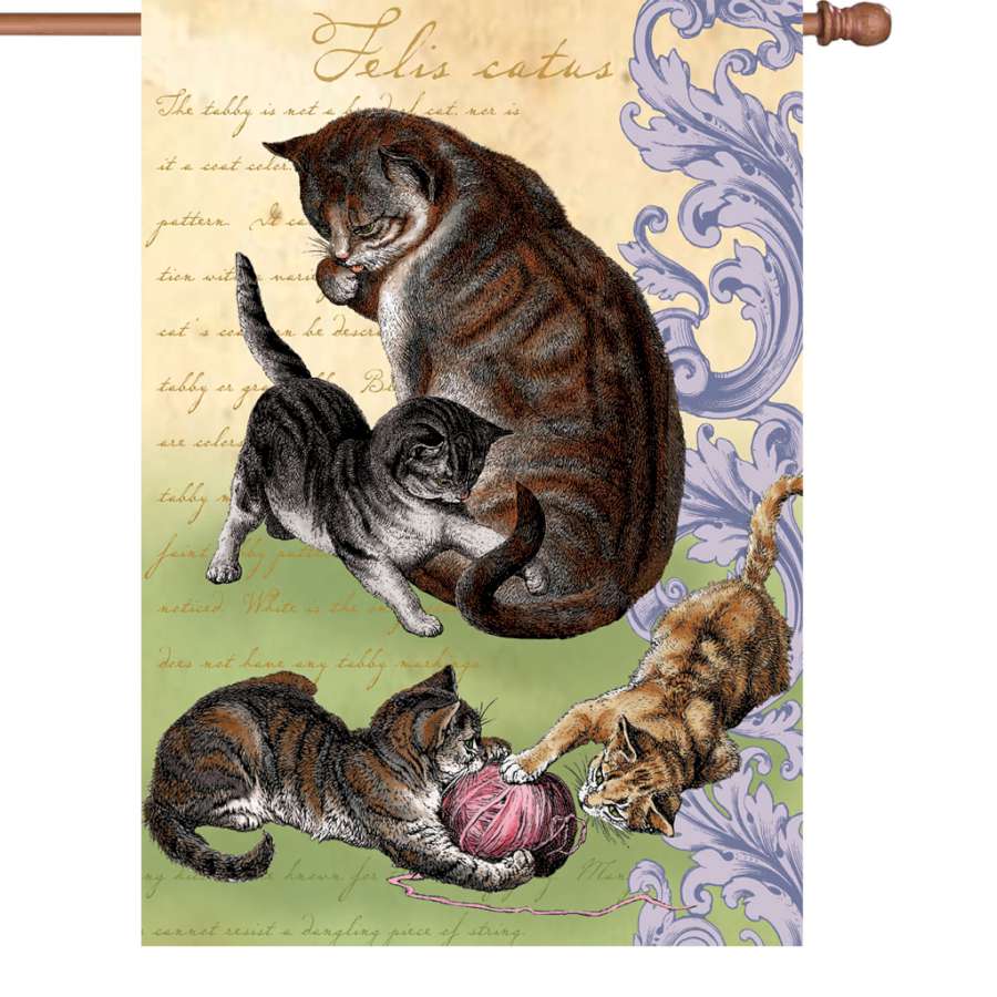28 in. illuminated Feline Family flag featuring playful cats and autumn leaves displayed outdoors, creating a warm and inviting atmosphere.