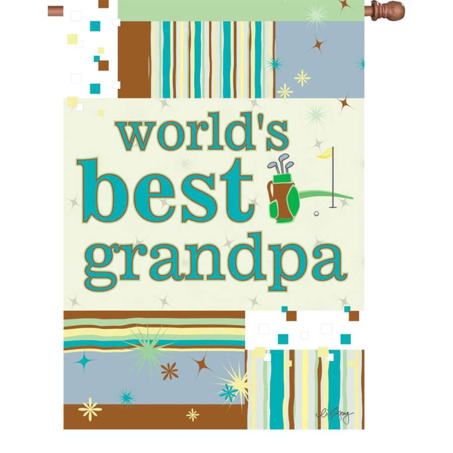 28 in. Flag - Best Grandpa displayed outdoors, showcasing vibrant colors and bold text that honors grandfathers in a garden setting.