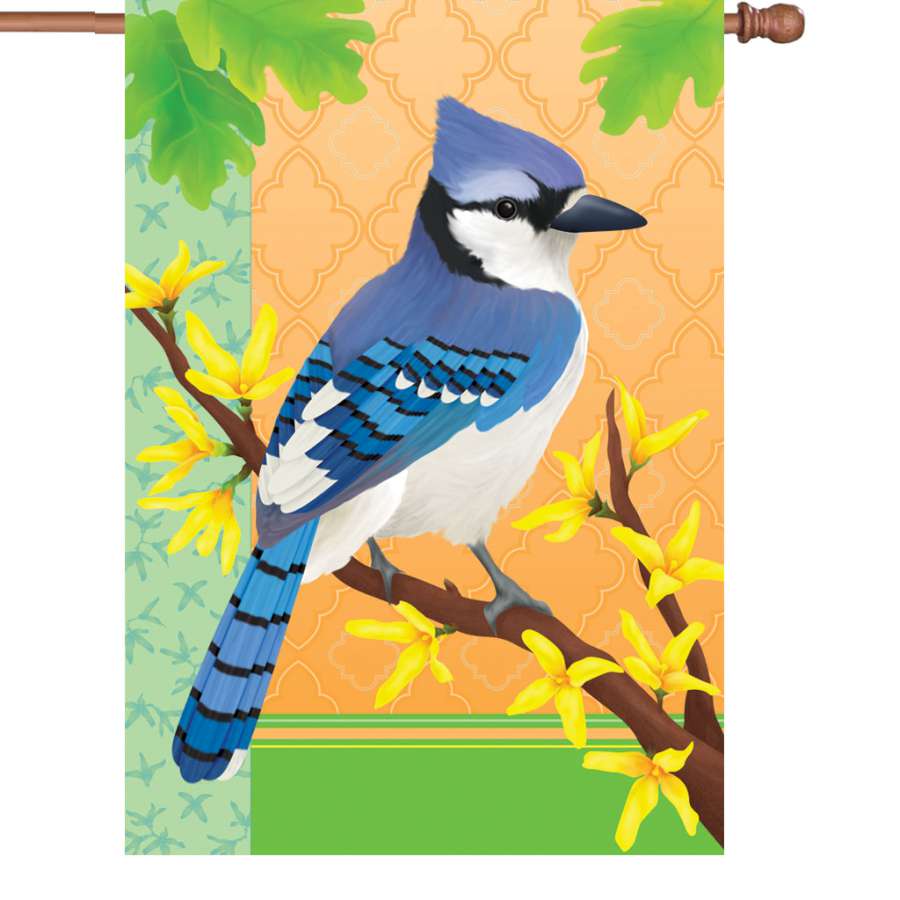 28 in. Blue Jay in Spring house flag displaying a vibrant blue jay amidst blooming flowers, perfect for outdoor spring decor.