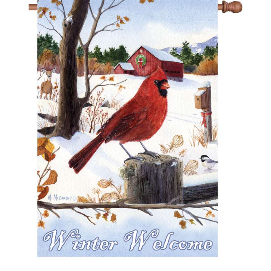 28 in. Flag - Cardinal Morning showcasing vibrant cardinals on soft fabric, beautifully displayed on an outdoor flagpole.