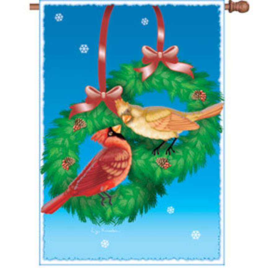 28 in. Christmas Cardinals flag featuring two vibrant cardinals and festive holly, designed for outdoor display during the winter holiday season.