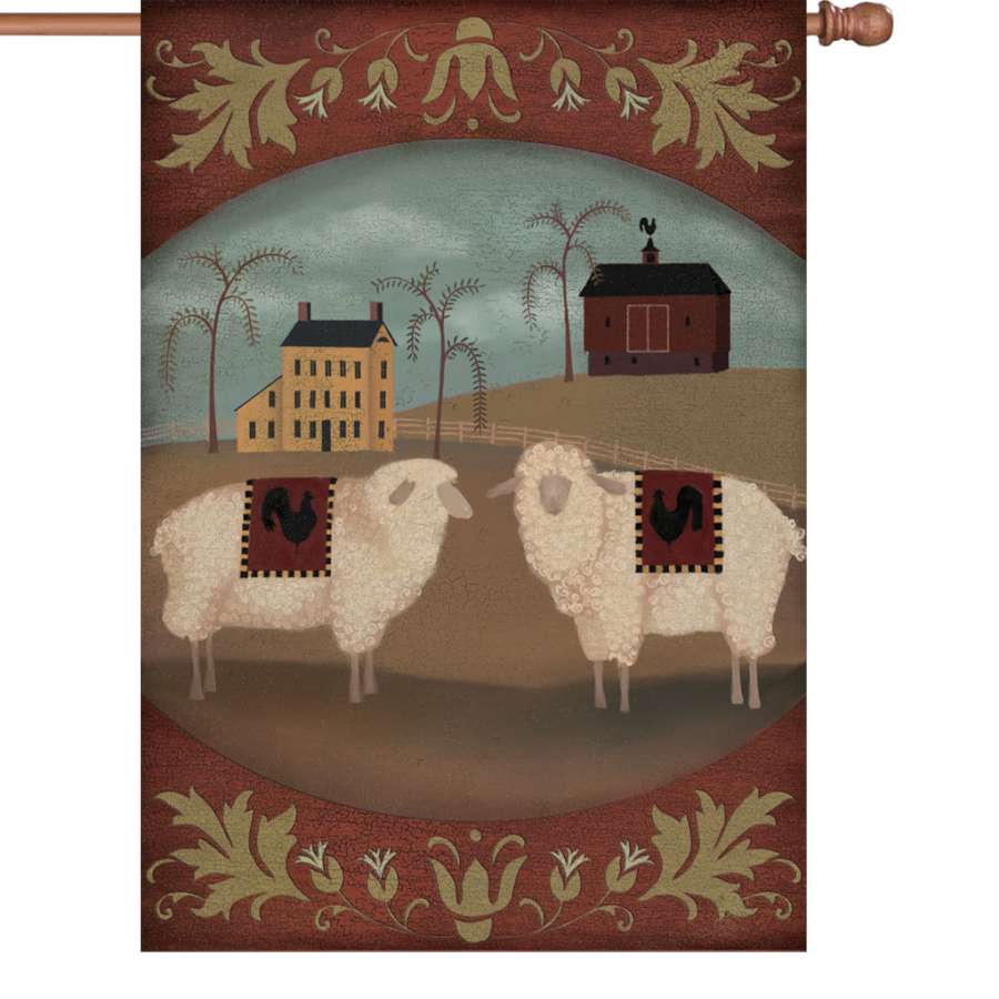 28 in. Flag - Country Homestead displayed on a flagpole, featuring warm autumn colors and rustic imagery in a garden setting.