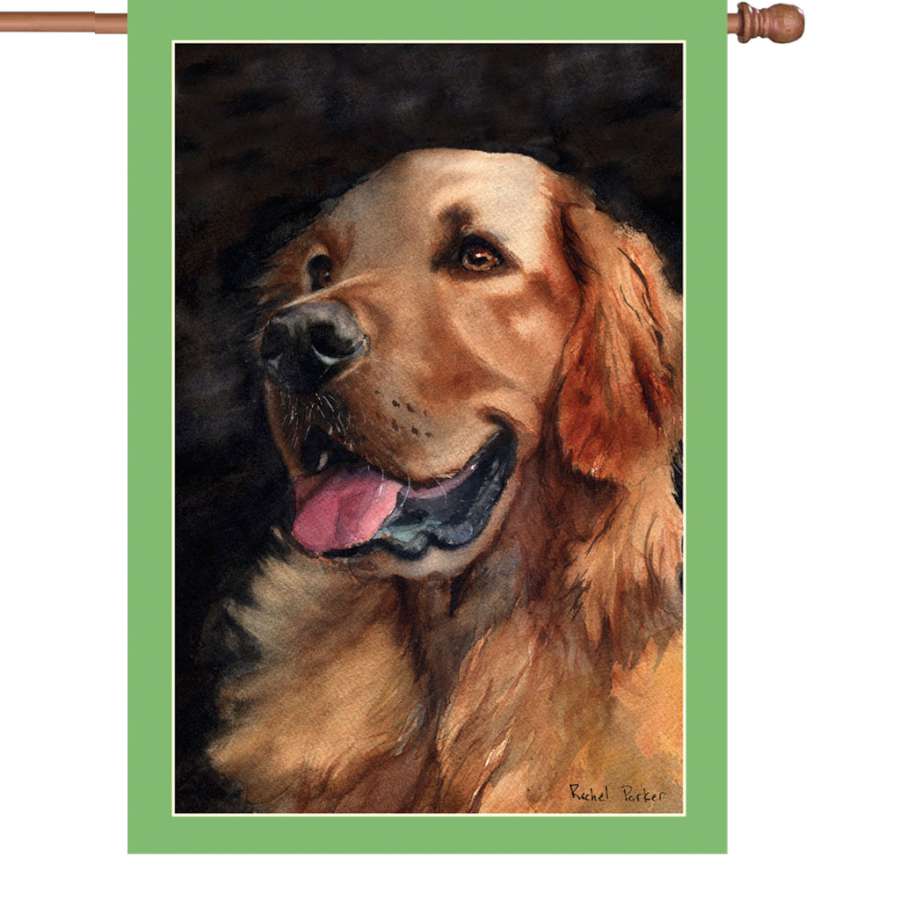 28 in. Flag - Golden Friend features a vibrant golden retriever design, illuminated for nighttime display, adding charm to outdoor spaces.