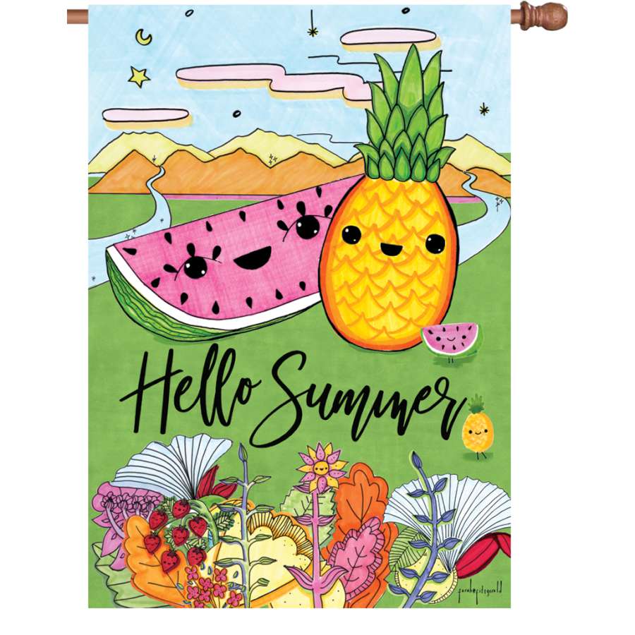 28 in. Hello Summer flag made of velvety PremierSoft fabric, displaying a cheerful summer greeting, fluttering in a gentle breeze.