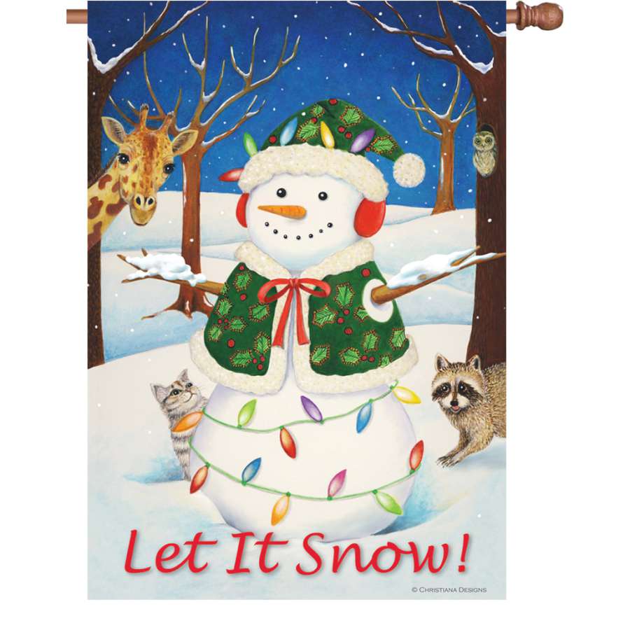 Hey Here's Snow! 28 in. winter house flag displaying 'Let It Snow!' text in vibrant colors, fluttering in the breeze outside a cozy home.