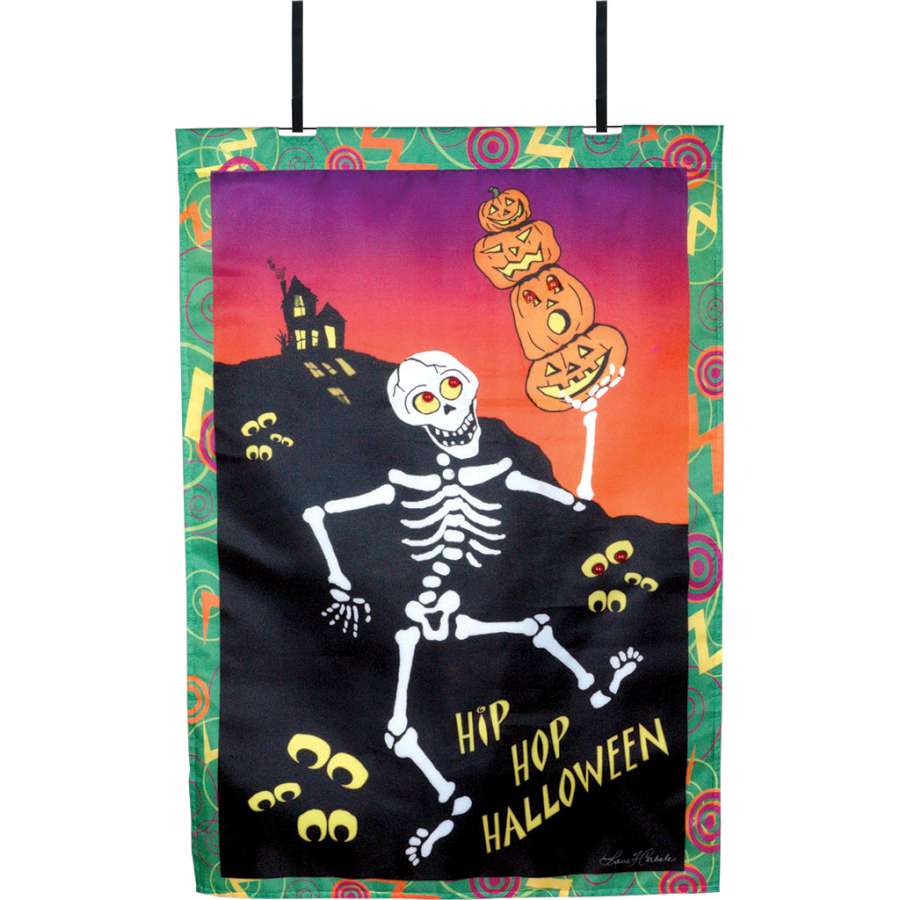 28 in. Hip Hop Hall flag displayed on a door with voice control and light features, ready to engage trick-or-treaters this Halloween.