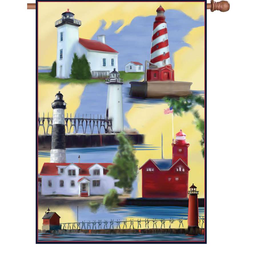 28 in. illuminated garden flag featuring Michigan Lighthouse design, showcasing vibrant colors and ideal for enhancing outdoor spaces.
