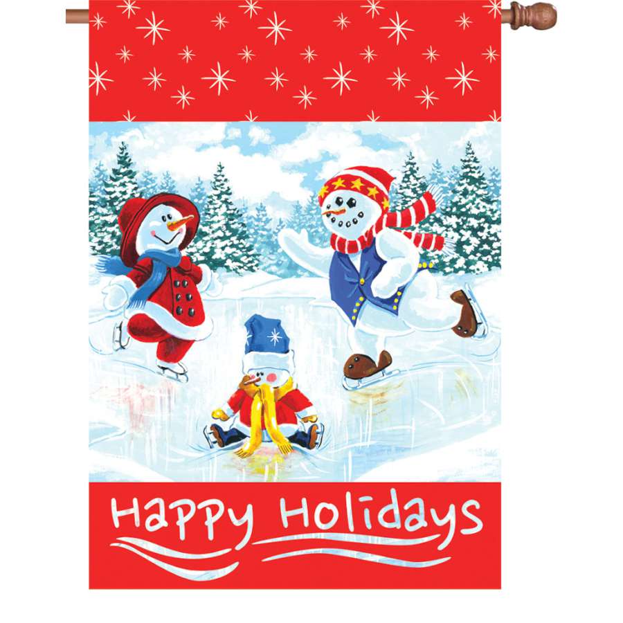 28 in. Olympic Moment flag with 'Happy Holidays' message displayed outdoors, showing vibrant colors and soft fabric in a festive setting.