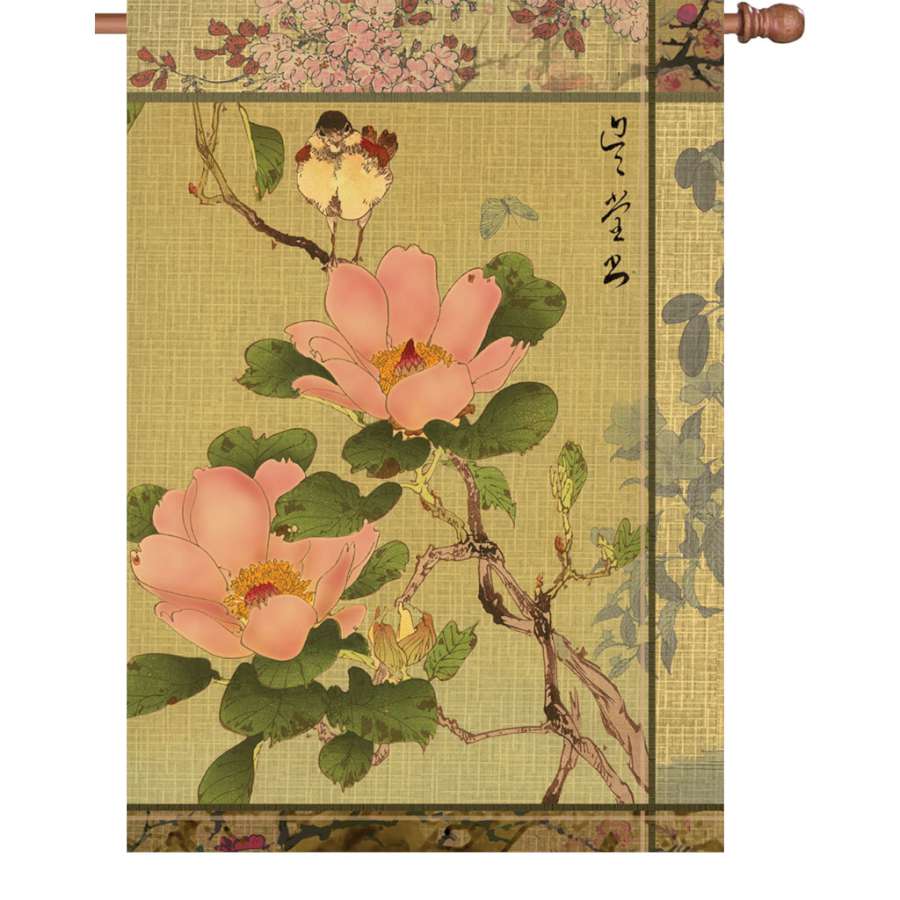28 in. illuminated house flag featuring a beautiful peony and bird design, displayed in an outdoor garden setting.