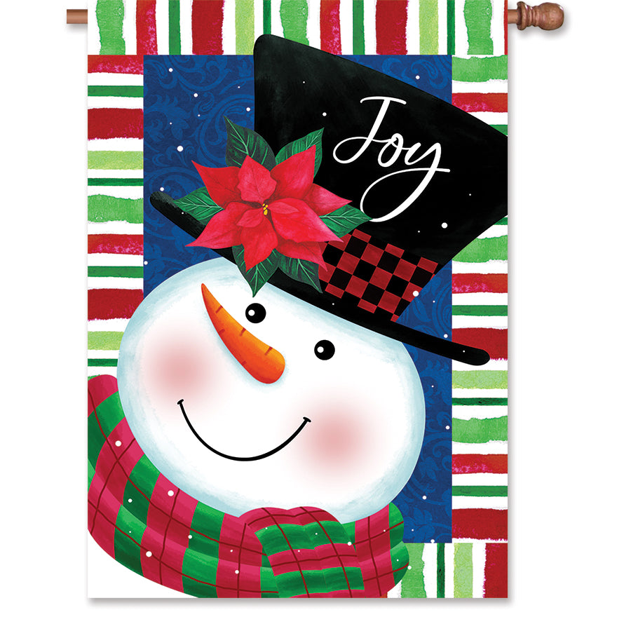 28 in. Snowman Joy flag made of PremierSoft fabric, showcasing a cheerful snowman design, displayed in a front yard setting.