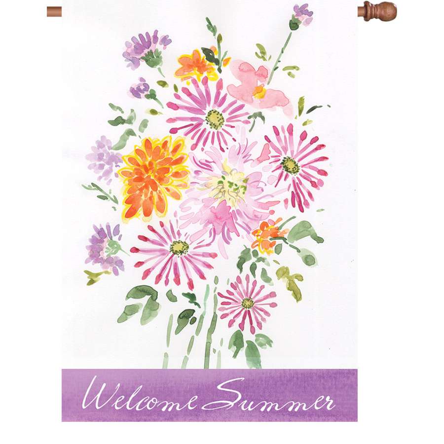 28 in. Flag - Summer Bouquet showcasing colorful blooms and 'Welcome Summer' text displayed on an outdoor flagpole in a sunny garden setting.
