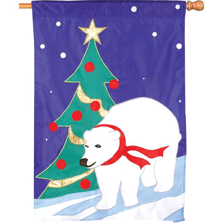 28-inch Winter Stroll house flag showcasing a whimsical winter scene with rich colors displayed outdoors on a flagpole during a snowy day.