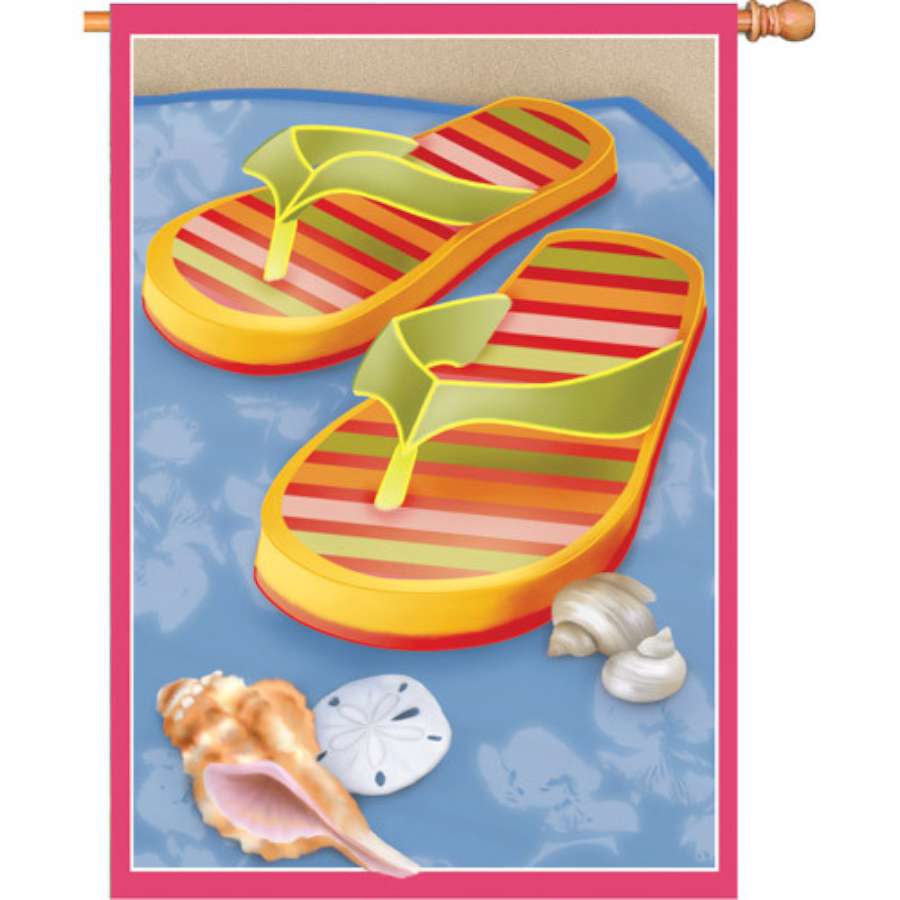 Colorful 28 in. Flip Flop Fandango flag featuring a playful design of flip flops, displayed on a flagpole in a sunny outdoor setting.