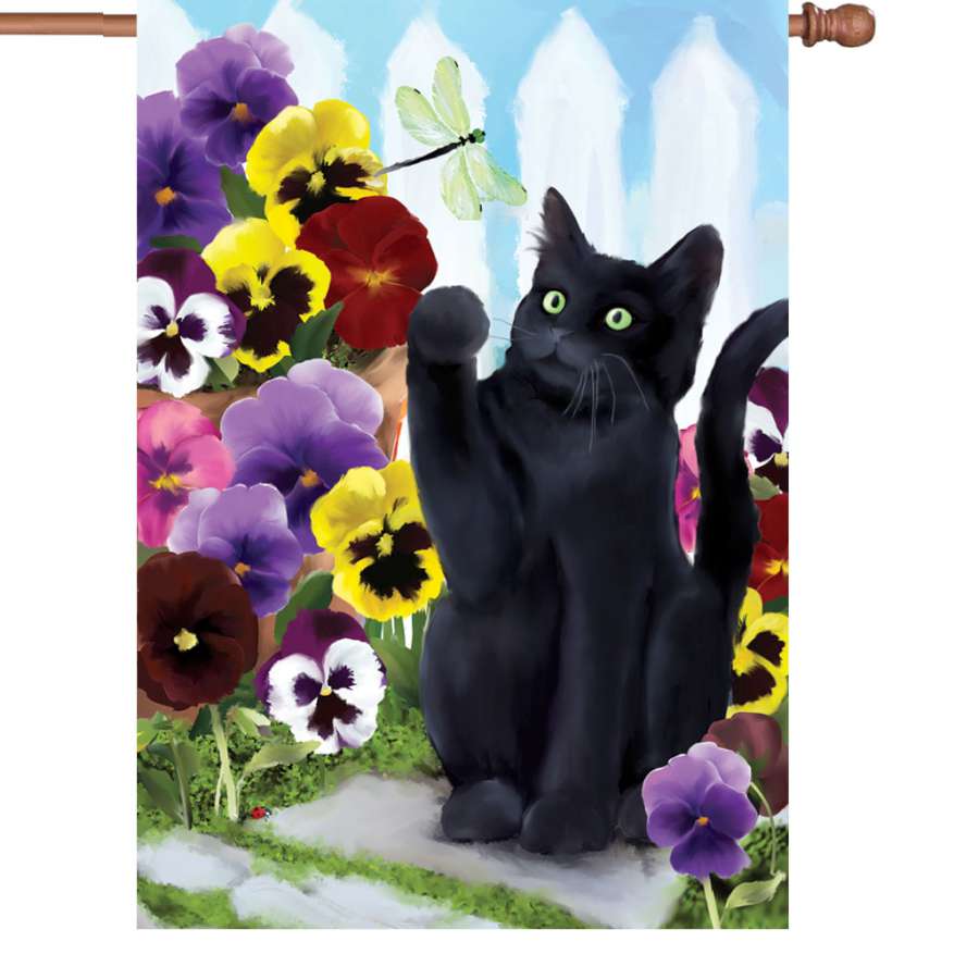 Vibrant 28 in. Flower Kitten flag featuring a playful kitten surrounded by flowers, illuminated in an outdoor setting.