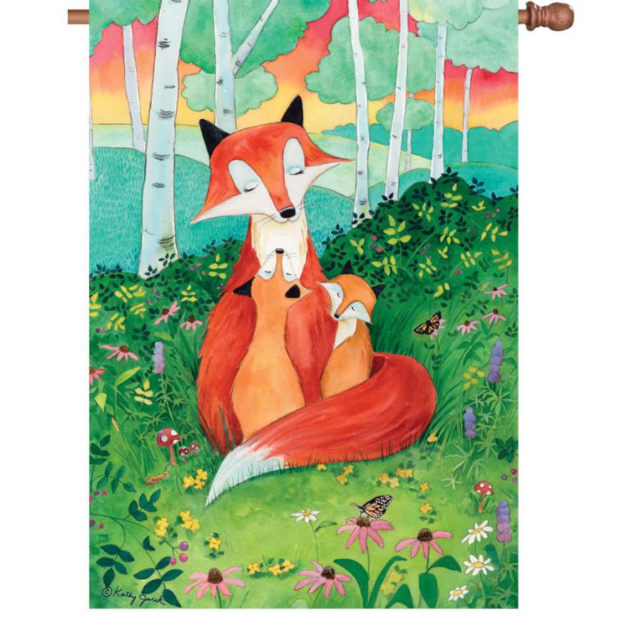 28-inch Fox Family flag made of durable polyester fabric with bright colors depicting playful foxes, displayed in a garden setting.