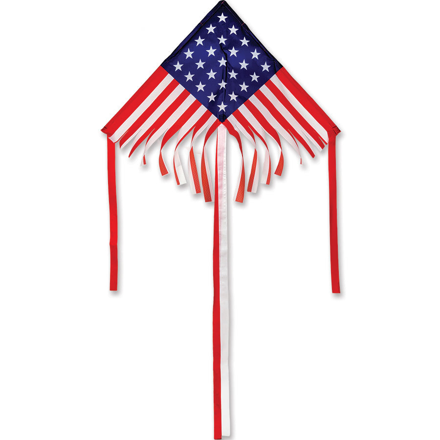 28 in. Fringe Delta Kite featuring colorful design, shown soaring in a blue sky with streamer tails trailing behind, ready for outdoor fun.