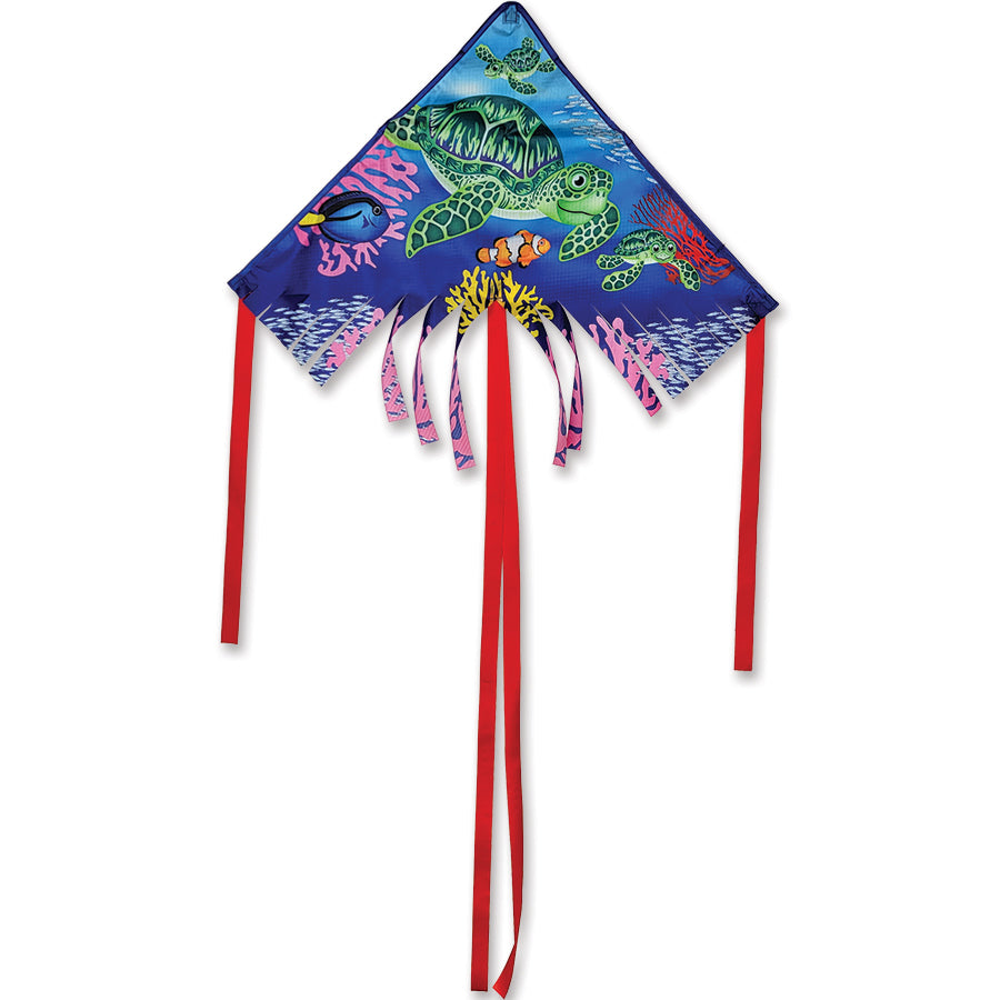 28 in. Fringe Delta Kite featuring a colorful sea turtle design soaring through the sky, showcasing vibrant colors and streamer tails.