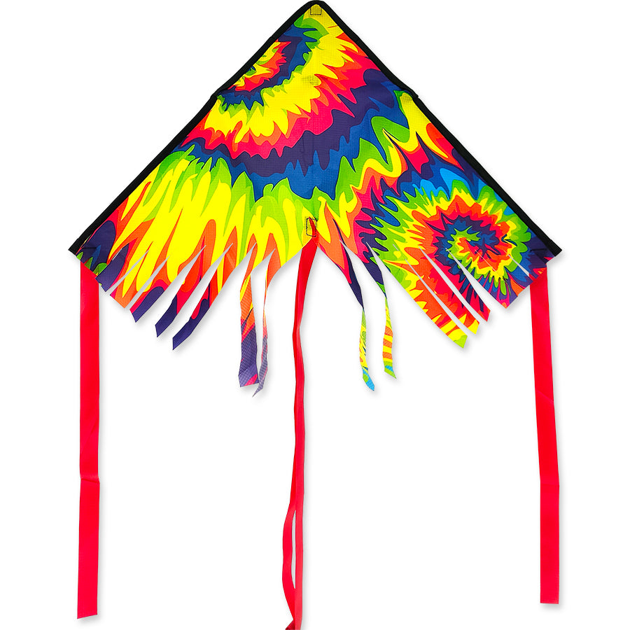 28 in. Fringe Delta Kite - Tie Dye soaring in the sky with a vibrant design, measuring 28 x 14 inches, during an outdoor event.