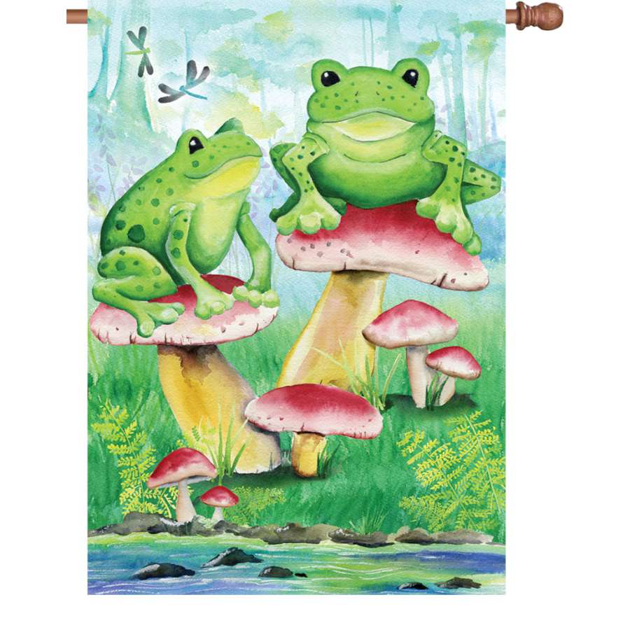 28 in. Frogs in the Wood garden flag featuring colorful frogs amid woodland scenery, providing illumination for outdoor decor.