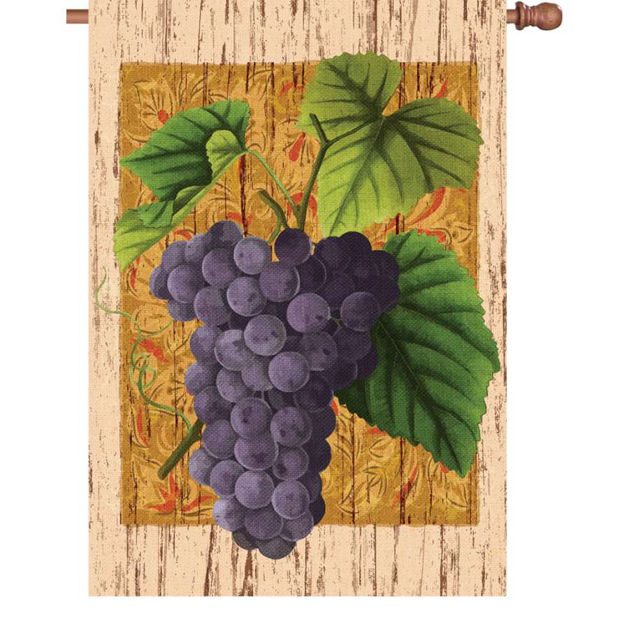 28 in. Grape Vine house flag featuring colorful grape designs, displayed elegantly outdoors, suitable for seasonal celebrations.