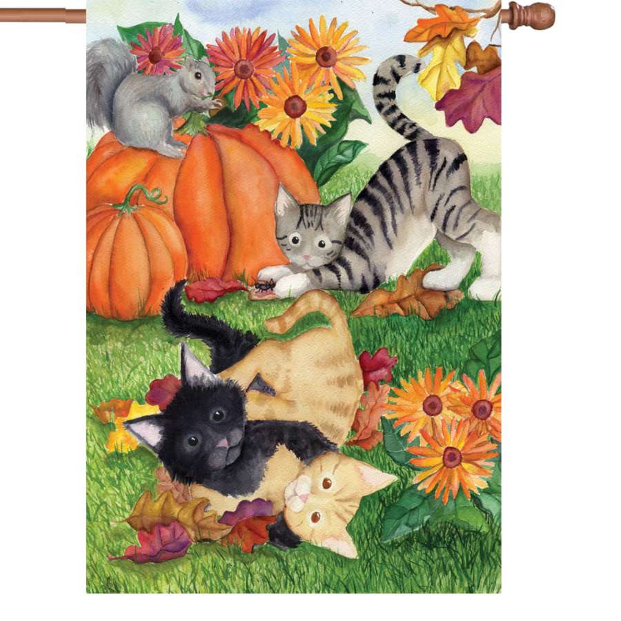 28 in. Harvest Kittens illuminated house flag featuring playful kittens amidst bright fall leaves in a garden setting.