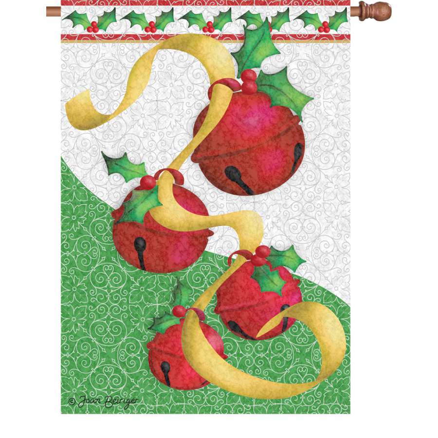 28 in. Holiday Bells flag featuring vibrant winter designs, illuminated to create a festive display in an outdoor setting.